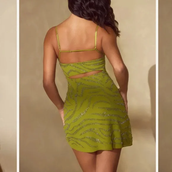 Leonora beaded Olive Green mini Dress Oh Polly - Picture 2 of 5